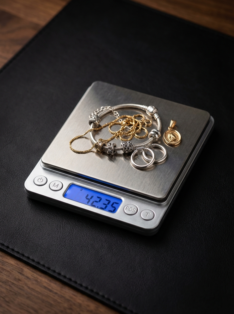 Gold and silver jewelry being weighed on a precision scale